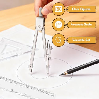 7Pcs Geometry Set-Clear Plastic Rulers,Triangle Ruler,Protractor,Compass