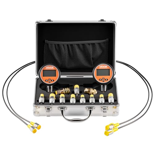 VEVOR Digital Hydraulic Pressure Test Coupling Kit, 10000 PSI Pressure Gauge Manometer Tester with 2 Gauges, 9 Test Couplings, 2 Quick-Release Couplers, 2 Hoses for Excavator Construction Machinery - color: Silver + Black+Orange