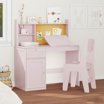 FTZxHKLX Kids Study Desk and Chair Set with 0-105° Tiltable Desktop, Pink - color: Pink, size: with Lift Up Hinge