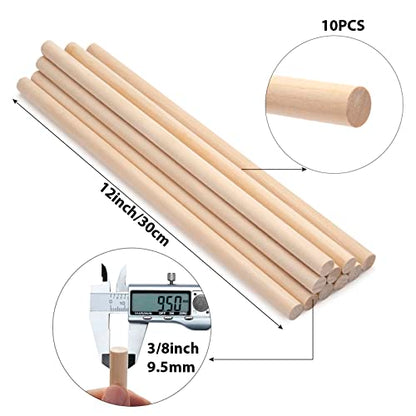 3/8 x 12 Wooden Dowels Wood Sticks for Crafts, 10 PCS Wood Dowel Rods, Round Macrame Dowels, Unfinished Hardwood Sticks for Crafting, Arts and DIYers, Tiered Cake Support and Wedding Ribbon Wands - size: 3/8"×12"-10PCS