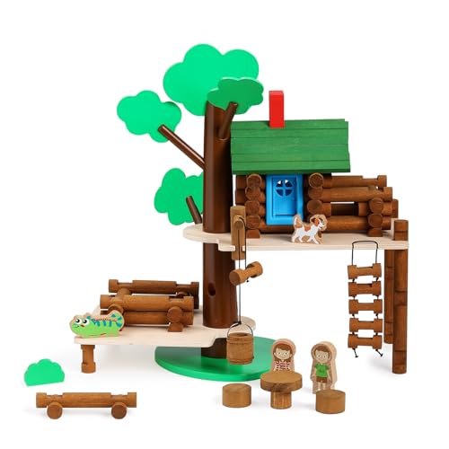 SainSmart Jr. 2-Tier Wooden Tree House Building Set – Educational Gift for Kids, Creative STEM Toy with Cabins and Interchangeable Leaves, STEM Retro Classic Toy Compatible with Lincoln Logs - style: 2-Tier Tree House - 84 Pcs