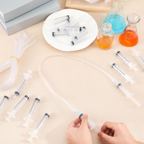 Threlaco 24 Pcs Hydraulic and Pneumatic Kit 10ml Plastic Syringe with 12 Pcs 20in Vinyl Handy Tubing for Science and Engineering Projects for Back to School Classrooms Scientific Labs