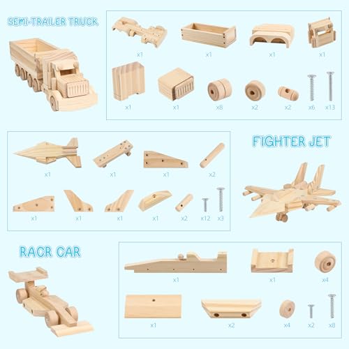 VOMOCNET 3 Pack DIY Wooden Model Building Kit, Includes Fighter Jet, Truck, Race Car, Paint Your Own Arts and Crafts, STEM Toys Birthday Gifts for Boys Girls