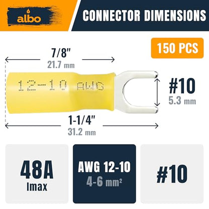 ALBO Heat Shrink Crimp Connectors (Fork 150pcs Yellow #10 AWG 12-10) - color: Fork 150pcs Yellow #10 AWG 12-10