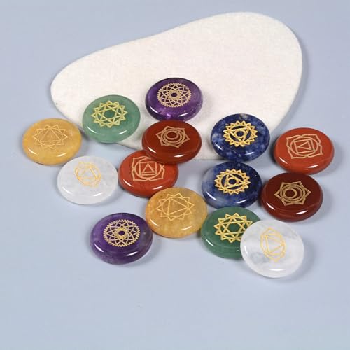 Justinstones Natural Gemstones for Meditation, Reiki, Energy Balancing & Spiritual Wellness – Engraved Chakra Symbols –7 Chakra Crystal Healing Stones Round Coin Disc Set - style: Round Coin Disc