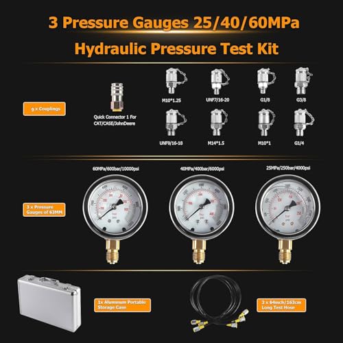 Hydraulic Pressure Test Kit with 3 Gauges 25/40/60MPa, 8 Test Couplings, Quick Connector 3 Test Hoses, Hydraulic Gauge Kit with Carrying Case for Excavator Loaders Construction Machinery - size: 3 Gauges 8 Test Couplings