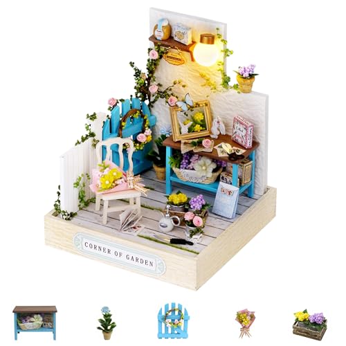 Kisoy Dollhouse Miniature with Furniture Kit, DIY 3D Wooden DIY House Kit with Dust Cover,Handmade Tiny House Toys for Teens Adults Gift(Corner of Garden) - color: Corner of Garden
