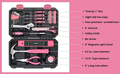 Apollo Tools 39 Piece General Household Tool Set, Pink DT9711P - color: Pink, size: 39-Piece (with Long Nose Pliers + Wrench)
