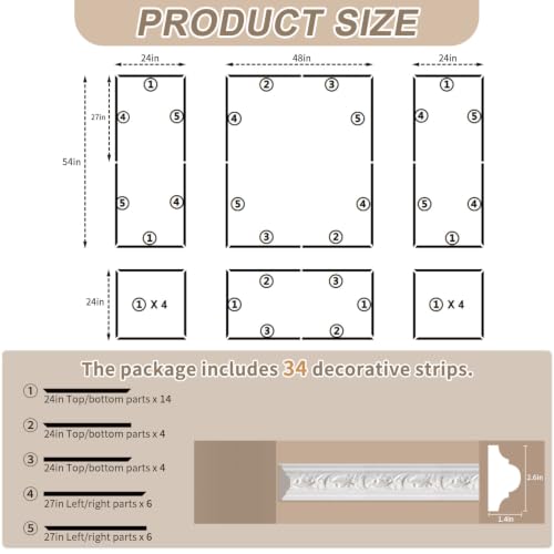 JBER Peel and Stick Wall Molding Kit, 6 Pre-Cut Wainscoting Panels, White - color: White-3 Pack-Bird, size: 78 x 24 in+78 x 48 in