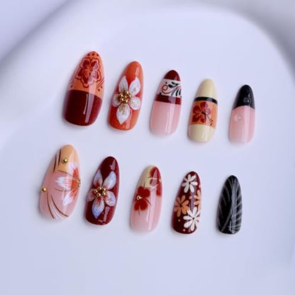 Almond Press on Nails Long Orange Fake Nailwith 3D Flowers Designs Acrylic Nail Press ons Classic Daisy Stick on Nails for Women 24pcs - color: Color01