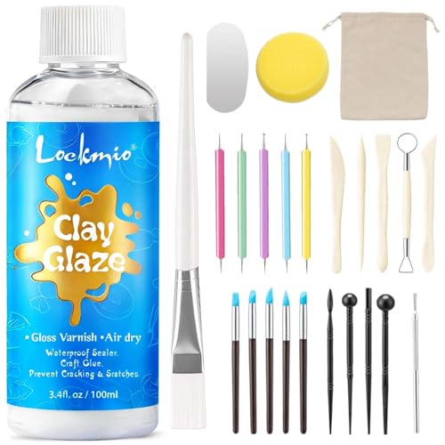 3.4FL OZ Air Dry Clay Glaze & 25pcs Tools Kit, Gloss Protective Sealant