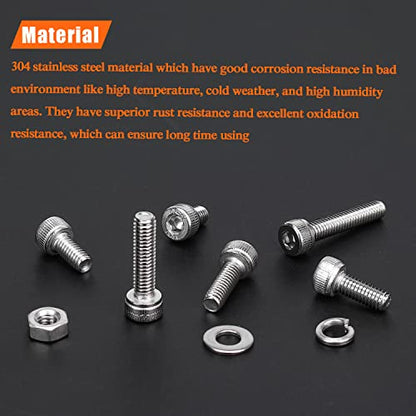 HELIFOUNER 380 Pieces M4 x 5mm /6mm /8mm /10mm /12mm /16mm /20mm, Hex Socket Head Cap Screws Bolts Washers Nuts Kit, 304 Stainless Steel - size: M4, style: Hex Socket Head Cap
