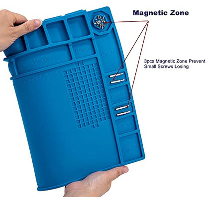 Premium Heat Resistant 932°F Blue Magnetic Repair Work Mat Large Silicone Soldering Mat for Soldering, Electronics, Computer Cellphone Repair, BGA Soldering Gun Iron Workbench Protection