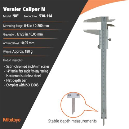 Mitutoyo 530-119 Vernier Caliper, Stainless Steel, Inch/Metric, 0-12" Range, +/-0.0015" Accuracy, 0.001" Resolution