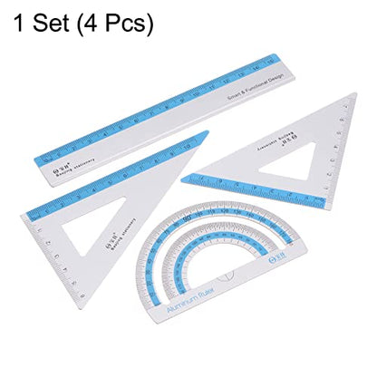 HARFINGTON 4pcs Geometry Set 15cm Metric Measure Ink Printing Aluminum Ruler Metal Ruler Set Triangle Protractor Ruler Tool Set for Classroom, Office, Home, Blue - color: Blue