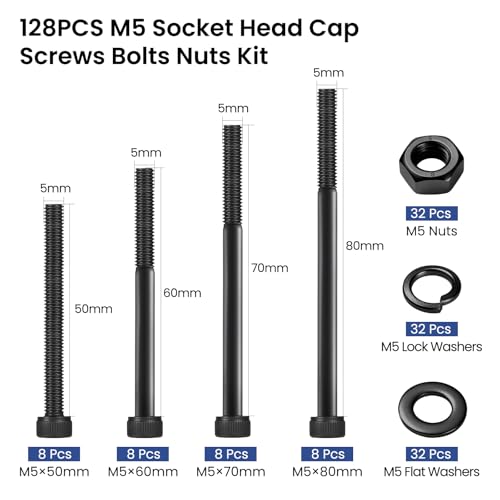 128 PCS M5 Screws Assortment Kit, 12.9 Grade Alloy Steel M5 Bolts Kit, M5x 50/60/70/80mm, Hex Socket Head Cap Screws Bolts Nuts Washers Set - size: M5x 50/60/70/80mm