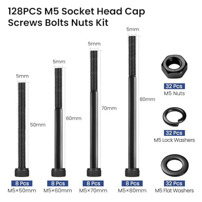 128 PCS M5 Screws Assortment Kit, 12.9 Grade Alloy Steel M5 Bolts Kit, M5x 50/60/70/80mm, Hex Socket Head Cap Screws Bolts Nuts Washers Set - size: M5x 50/60/70/80mm