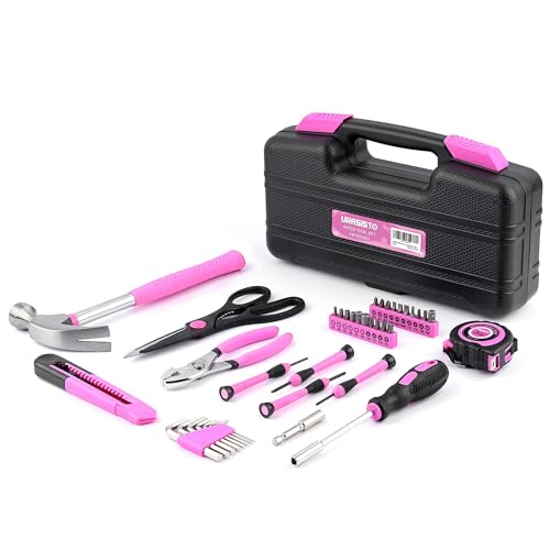 URASISTO 40-Piece Home Tool Kit with Easy Carrying Box, Small Basic Hand Tool Set Perfect for DIY Building, Home Maintenance and Woodworking, Great for College Students - PINK - color: Pink