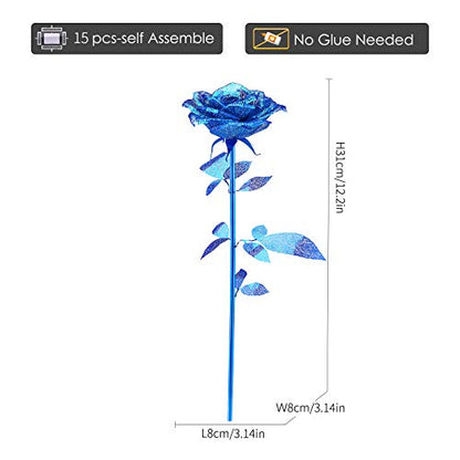 Piececool 3D Metal Puzzles Rose Flower Model Kits, Artificial Fake Flowers Metal Building Blocks DIY 3D Puzzle for Adults, for Father Mothers Valentines Day, 15Pcs - color: Blue