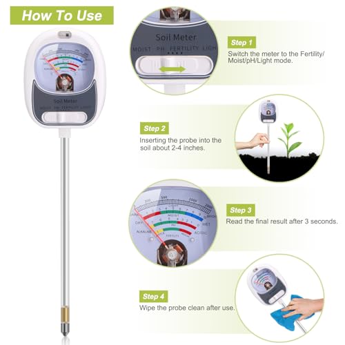 HSLGOVE 4-in-1 Soil Test Kit – Soil Moisture Meter, pH, Fertility & Sun-Light, No Battery Required, Large Dial Soil Tester for Indoor & Outdoor Gardening, Lawn, Farm –Paper White