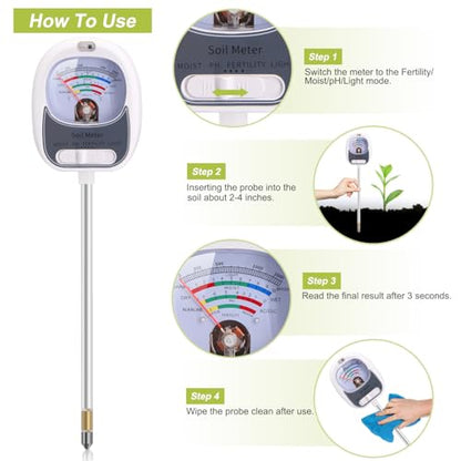 HSLGOVE 4-in-1 Soil Test Kit – Soil Moisture Meter, pH, Fertility & Sun-Light, No Battery Required, Large Dial Soil Tester for Indoor & Outdoor Gardening, Lawn, Farm –Paper White