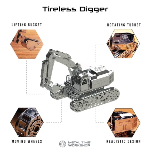 METAL-TIME TIRELESS Digger Excavator, Excavator Model, Metal Hydraulic Excavator Model, 3D Puzzle Building Crafts, Collectible Figurine, Stainless Steel DIY Construction with Toolbox, 100 Pieces.