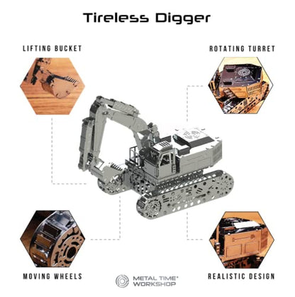 METAL-TIME TIRELESS Digger Excavator, Excavator Model, Metal Hydraulic Excavator Model, 3D Puzzle Building Crafts, Collectible Figurine, Stainless Steel DIY Construction with Toolbox, 100 Pieces.