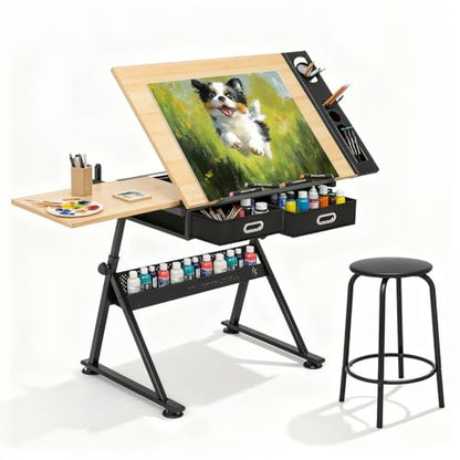 Magshion Drafting Table for Adults w/Stool, Natural - color: Natural & Black