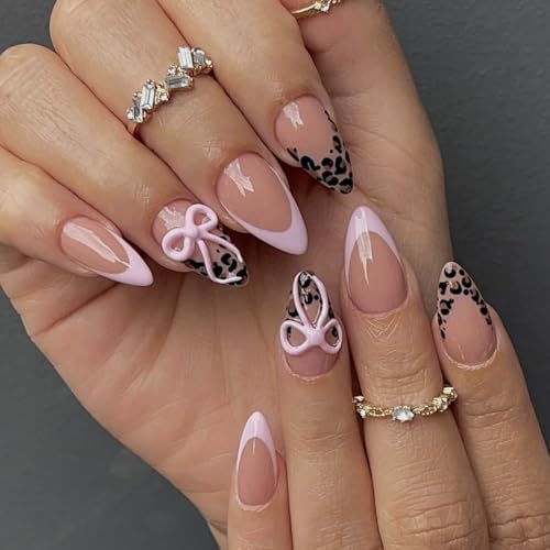 Almond Press on Nails Medium Pink Fake Nailwith Pink Bow Acrylic Nail Press ons Leopard Stick on Nails for Women 24pcs - color: Color10