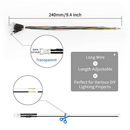 DiCUNO 100Pcs 5MM Pre Wired 12V Red Light LED Diodes, with 9.4 Inch Lead - color: Red