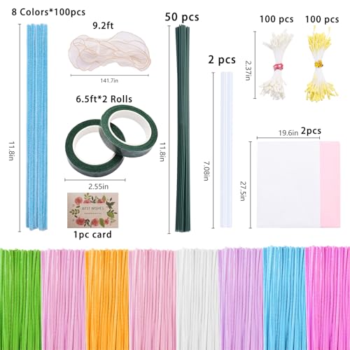 All-in-One Pipe Cleaners Flower Kit, 800 PCS DIY Flower Bouquet Making Kit with 8 Colors Pipe Cleaners, Floral Wire, Tape, Wrapping Paper & Video Tutorial, Handmade Gift for Adults, Teens, Beginners