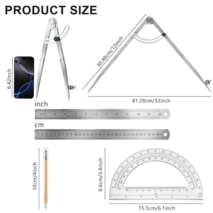 12 Inch Compass Geometry Tool Drawing Compass with Pencils - size: 12 inches+2 Pencils