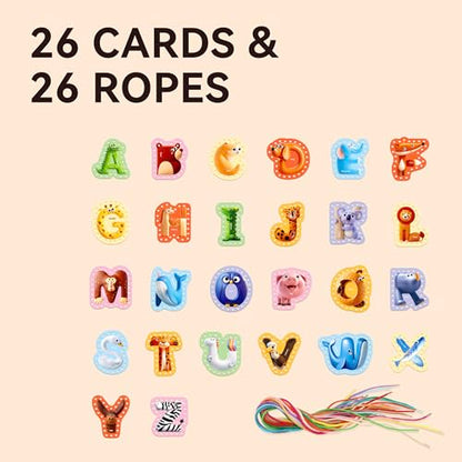 Dotimo Lacing Cards - 26PCS Double - Sided Uppercase Sewing Cards, 26 Animal Alphabet Games, for Kids Ages 3-5, Preschool Learning & Quiet Time Activities