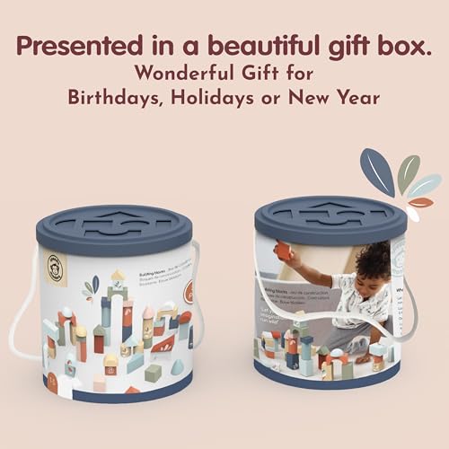 SPEEDY MONKEY Wooden Building Blocks | 50 Pcs with Storage Bucket Playset - color: Building Blocks