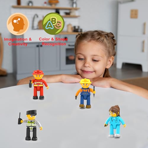 PicassoTiles Magnetic Tiles Action Figures 4 Piece City Characters for Magnet Tile Building Blocks Accessory Add On Pack Construction Block Set Toddler Toy Educational Learning Kit Age 3 and up PTA18 - color: 4 Pcs City Builder