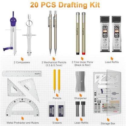Nicpro 20PCS Professional Geometry Set Drafting Tool Protractor Compass