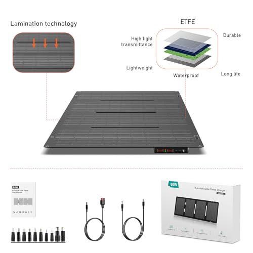 60W YT60 Solar Panel Charger Solar Battery High Efficiency Camping Waterproof IP68 Solar Panel with USB and DC Outputs for Portable Power Station,Power Bank, Phone, Laptop - color: Black