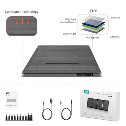 60W YT60 Solar Panel Charger Solar Battery High Efficiency Camping Waterproof IP68 Solar Panel with USB and DC Outputs for Portable Power Station,Power Bank, Phone, Laptop - color: Black
