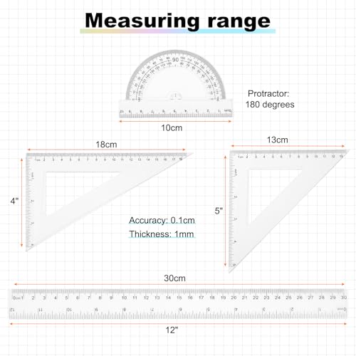 HARFINGTON 4pcs Triangular Ruler Set 30cm Plastic Metric Inch Geometric Protractor Triangle Engineering Scale Drafting Ruler Kit for Office Home - size: 30cm