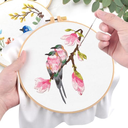 ERKOON 4 Sets Embroidery Kit for Beginners,Hummingbird and Flower Cross Stitch Set for Include Embroidery Cloth Hoops Threads for Craft Lover Hand Stitch (Flowers and Birds) - color: Flowers and Birds