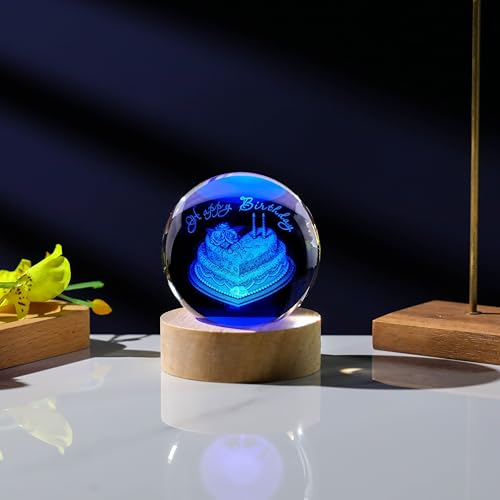 3D Birthday Gifts for Women Crystals Ball 60mm - Birthday Figurines Decor Glass Birthday Cake Figurine Decor Stuff for Best Friend Lovers Mom Dad Keepsake Paperweight - style: BIRTHDAY