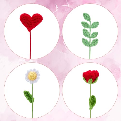 INFUNLY 15 Set Valentine's Day Crochet Flower Bouquet Kit Red Rose DIY Crochet Flower Kit for Beginners White Sunflower Artificial Knitted Bouquet with Step-by-Step Tutorial for Wedding Bridal Decor - style: Red Rose