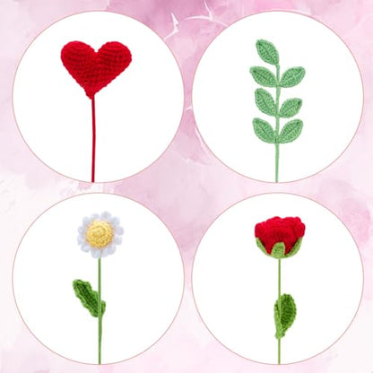 INFUNLY 15 Set Valentine's Day Crochet Flower Bouquet Kit Red Rose DIY Crochet Flower Kit for Beginners White Sunflower Artificial Knitted Bouquet with Step-by-Step Tutorial for Wedding Bridal Decor - style: Red Rose