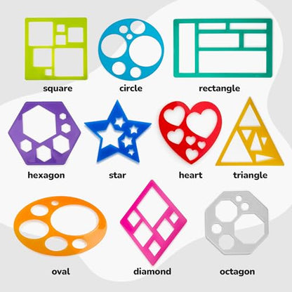 Karty Thick Shape Stencil Set with Case, 10pcs Sturdy Plastic Drawing Templates for Kids, Teacher Classroom Supplies and Preschool Arts & Crafts, Colorful Learning Kit for Toddlers Ages 4+
