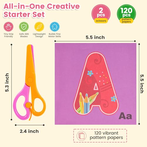 Koogel Toddler Scissors Practice Kit, 2 Safety Scissors & 120 Craft Papers