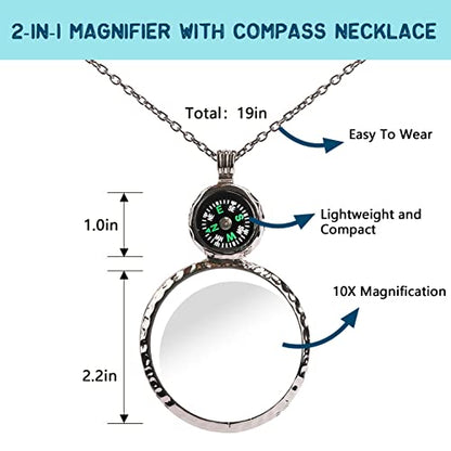 Magnifying Glass Necklace,Jiulory 10x Compass Magnifying Glass Pendant with Mini Compass,Magnifier Necklace Elderly Care Accessory Kids Hiking Camping Magnifier