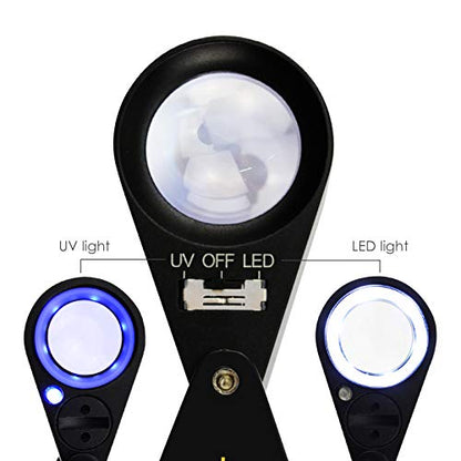 Jewelry Loupe 20X 21mm Triplet Lens Foldable Pocket Magnifying Glass with LED UV Light, Jewelers Loupe with Case Cloth Lanyard for Diamonds Gemstones Coins Stamps - color: 20x Magnification
