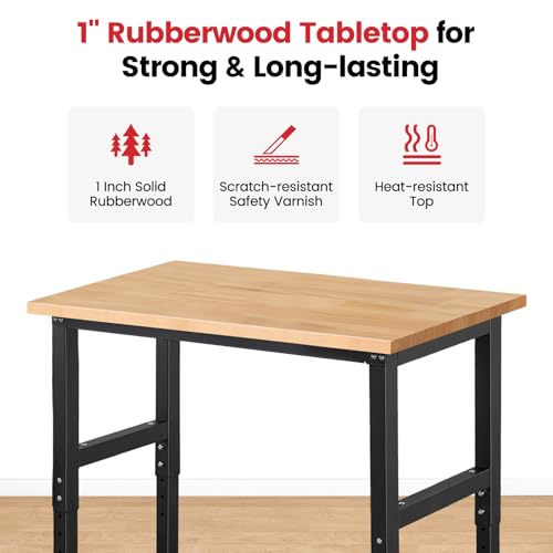 ENJOYWOOD 41" Adjustable Height Workbench, 1500 LBS Capacity Heavy Duty Work Bench with Solid Rubberwood Top, Garage Work Table for Workshop, Home & Office
