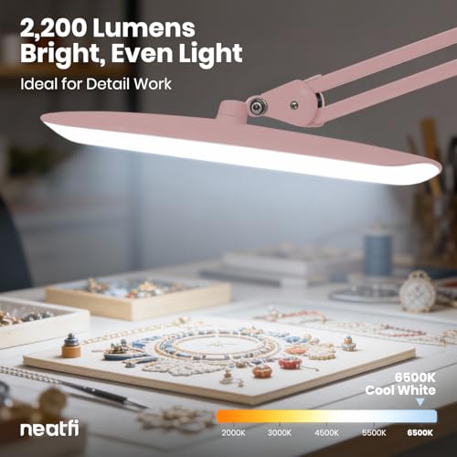 Neatfi XL 2200 Lumens 24W LED Desk Lamp – Shadow-Free Task Lighting | 4-Level Dimming | Home Office & Crafts Use | 20-Inch Wide Head (Rose Gold, Non-CCT with Clamp) - color: Rose Gold, size: Non-CCT with Clamp