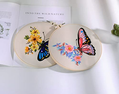 Konrisa Embroidery Starter Kits with Butterfly Flower Pattern, Stamped Cross Stitch Kits for Beginners Adults DIY Sewing Include Embroidery Hoop Embroidery Fabric Threads and Needles,Set of 2 - color: Butterfly01
